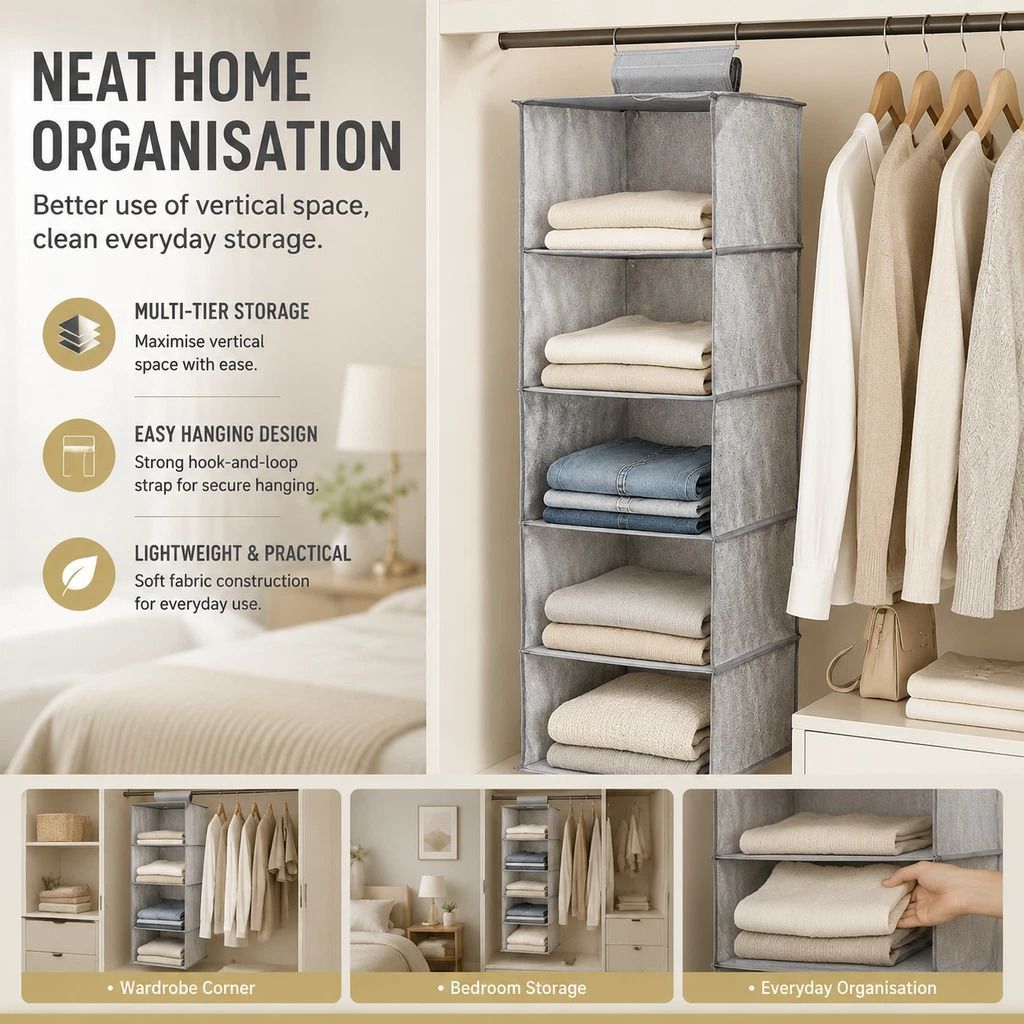 Cotton Linen Multi-Tier Hanging Garment Caddy, 5 Tier, Grey, Tidy Closet Layout - Image 1