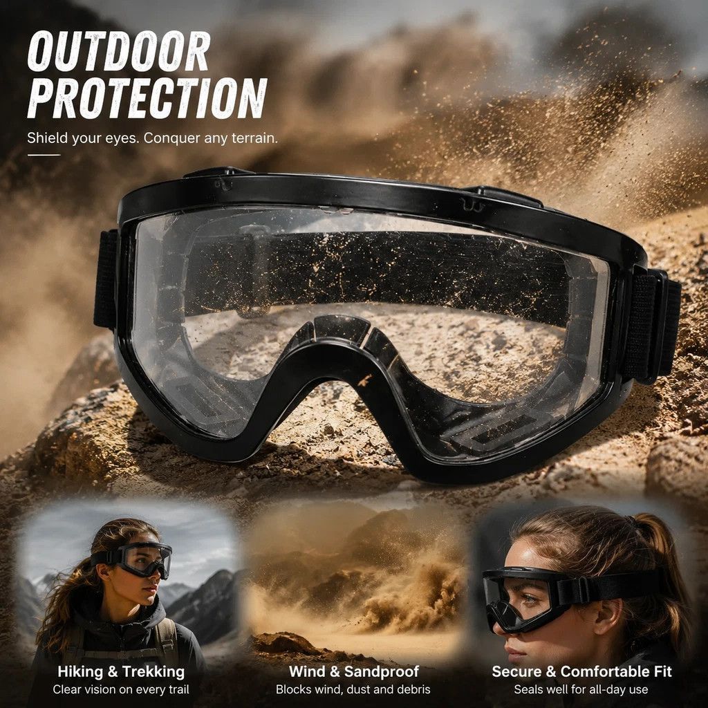 Heartwarming Sports Goggles Wind Sand Protection, Black Frame Clear Lens - Image 1