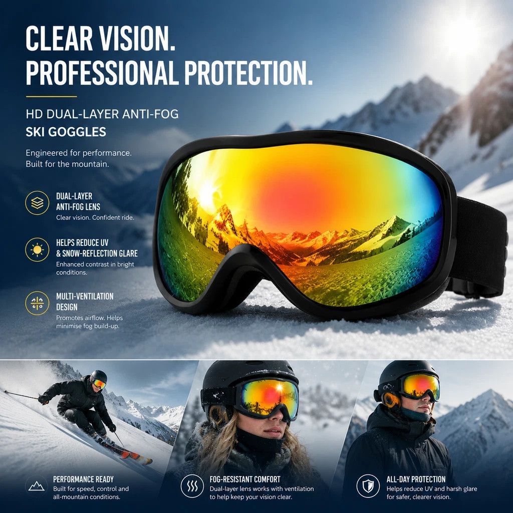 Thoughtful Holiday Gift Double-Layer Anti-Fog Ski Goggles, Breathable HD Lenses Cut Harsh Reflections, Black Frame Red Imitation Lens - Image 1