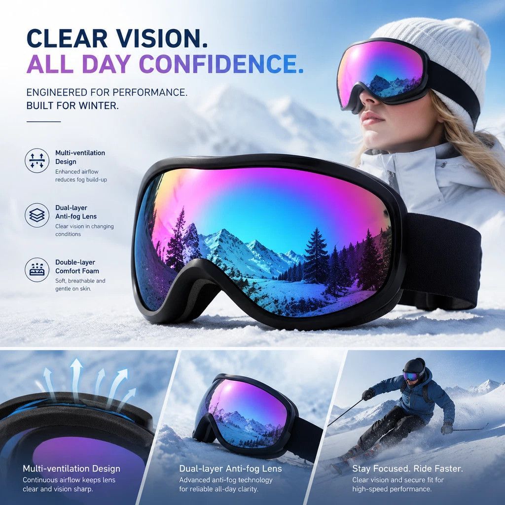Heartfelt Present For Ski Enthusiasts, Wind Resistant Anti-Glare Ski Glasses With Vibrant Rainbow Lens, Black Frame - Image 1