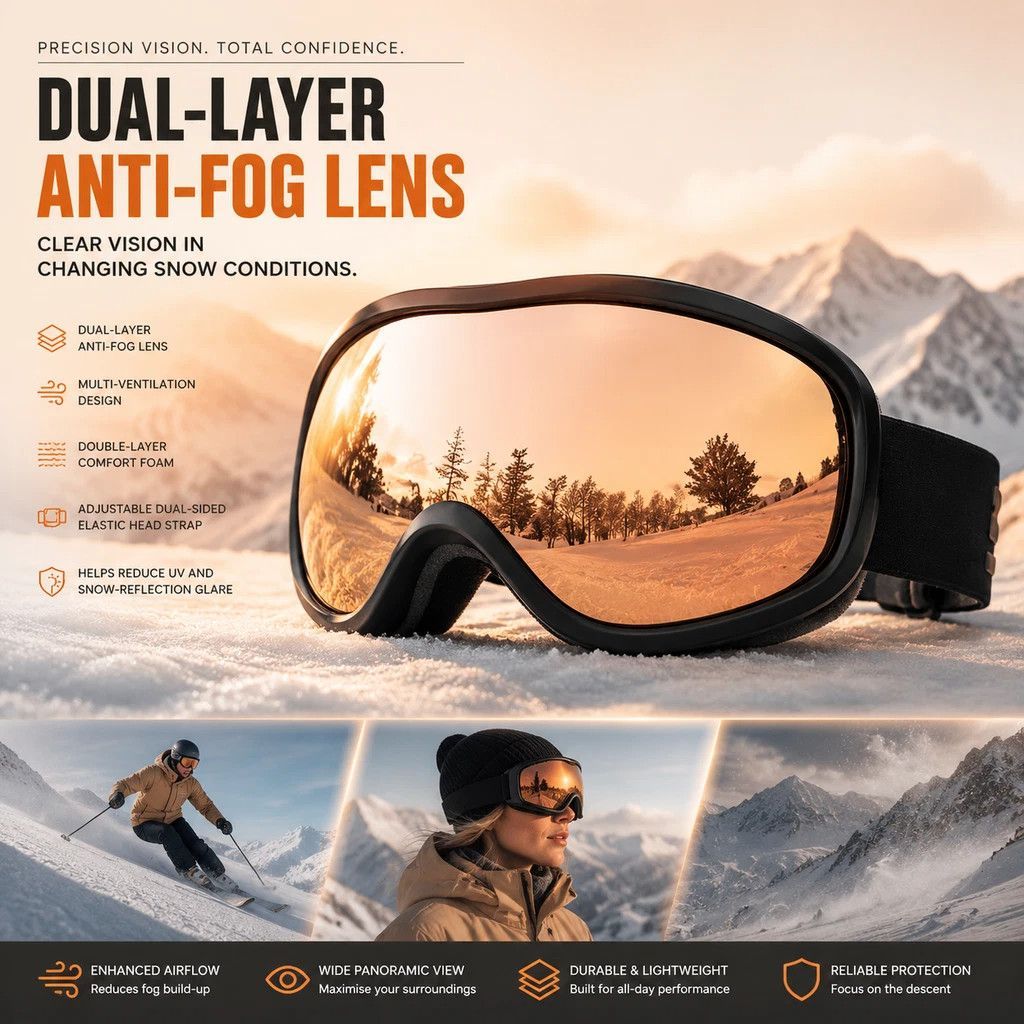 Sweet Daily Surprise Professional Ski Eyewear, Dual Anti-Fog Structure Blocks Wind & Strong Reflected Light, Black Frame Orange Lens - Image 1
