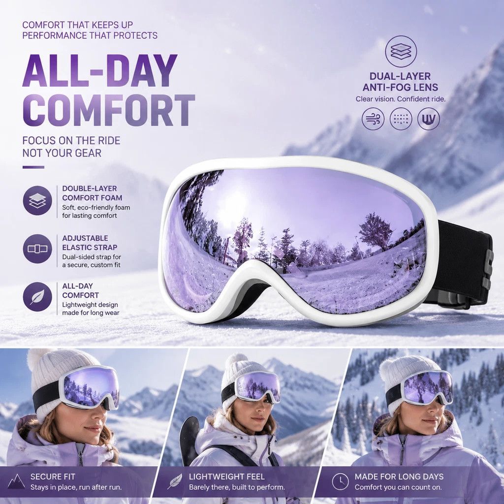 Ideal Practical Ski Gear Gift, Ventilated Anti-Reflection Ski Goggles For All-Day Outdoor Use, White Frame Purple Lens - Image 1