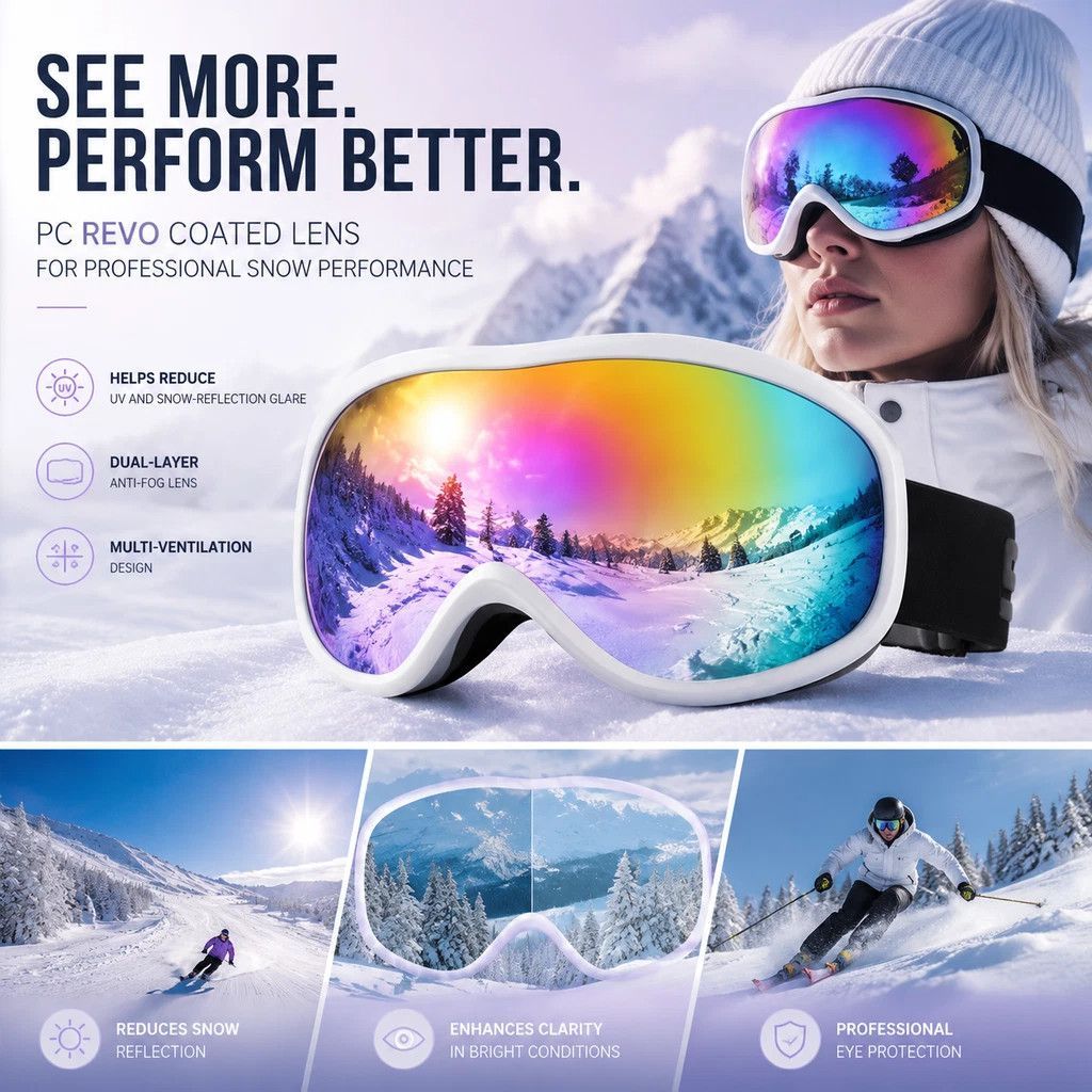 Tiny Warm Token For Snow Lovers, HD Windproof Ski Glasses With Light Filter Coating, White Frame Red Imitation Lens - Image 1