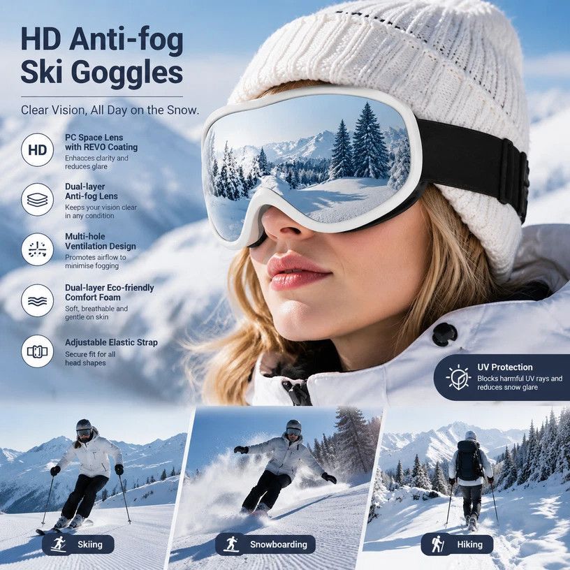 Premium Keepsake Gift Ski Goggles, Full Anti-Reflective Coating & Smooth Air Circulation, White Frame Mercury Lens - Image 1
