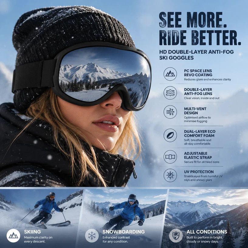 Sentimental Outdoor Companion Gift, Double Anti-Fog Ski Glasses Minimize Distracting Light Glare, Black Frame Grey Lens - Image 1