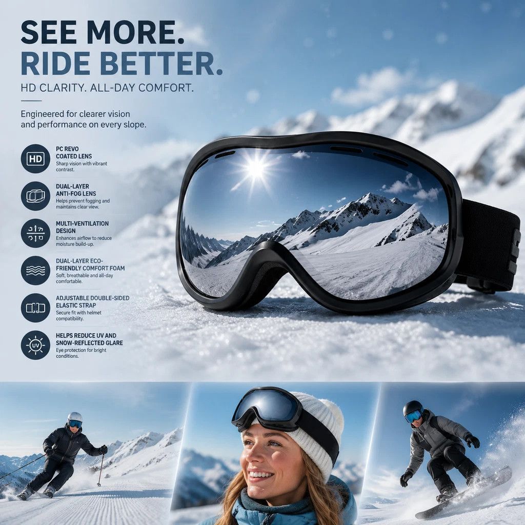 Caring Winter Gift Ventilated Ski Goggles, Reliable Wind Barrier & Reflection Reduction Effect, Black Frame Mercury Lens - Image 1