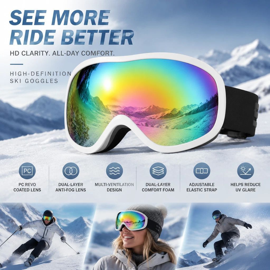 Unforgettable Snow Trip Gift, HD Anti-Glare Double-Layer Ski Eyewear With Comfort Air Flow, White Frame Ice Blue Lens - Image 1