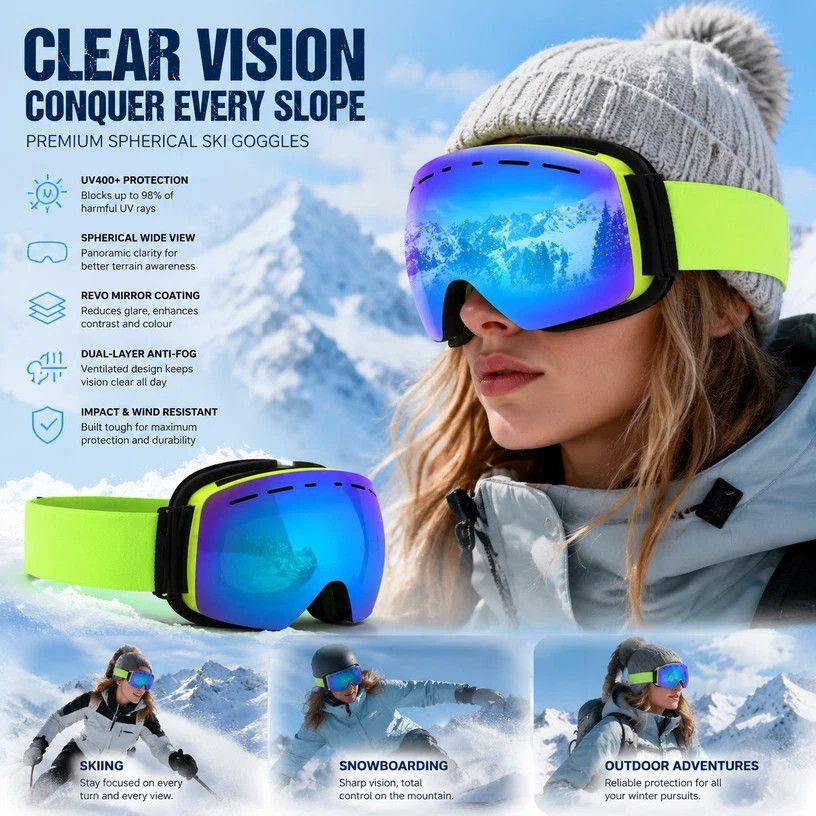 Thoughtful Gift UV400 Anti-Fog Ski Goggles, Fluorescent Green Frame, Blue Lens + Green Strap - Image 1