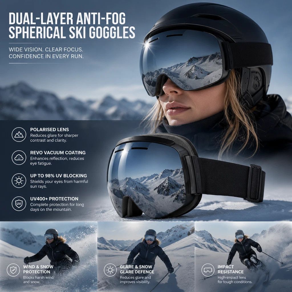 Heartwarming Windproof Ski Goggles, Black Frame, Dark Lens + Black-Red Strap - Image 1