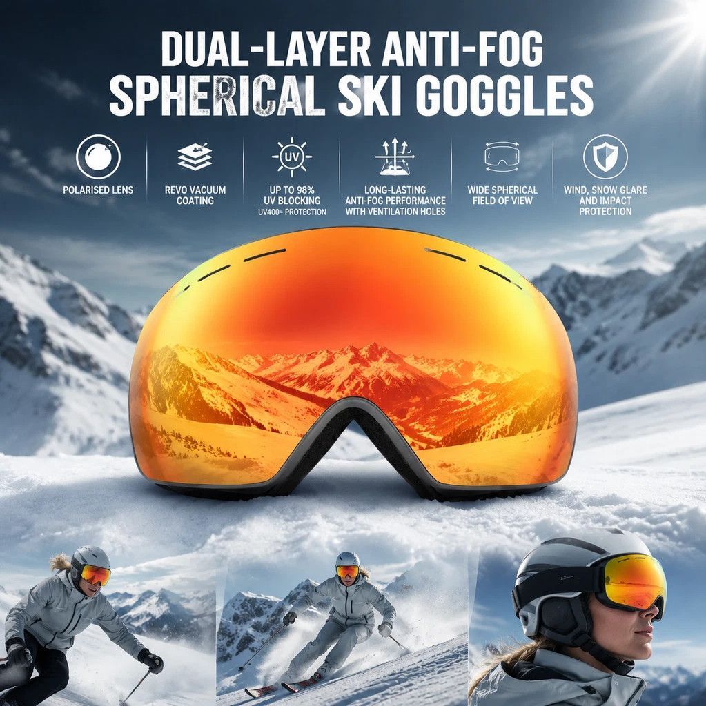 Heartwarming Windproof Ski Goggles, Black Frame, Dark Lens + Black-Red Strap - Image 2