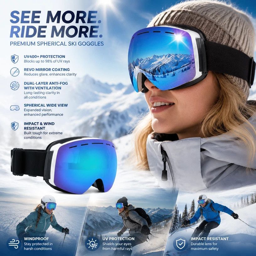 Sweet Outdoor Polarised Ski Goggles UV400, White Frame, Blue Coating Lens + Black White Strap - Image 1