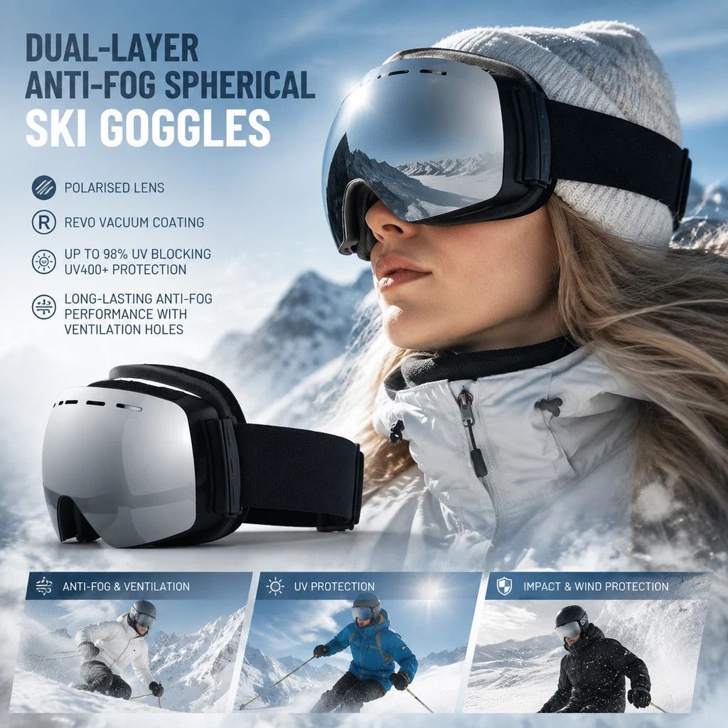 Ideal Winter Ski Gear UV400 Anti-Fog, Black Frame, Mercury Coating Lens + Black White Strap - Image 1