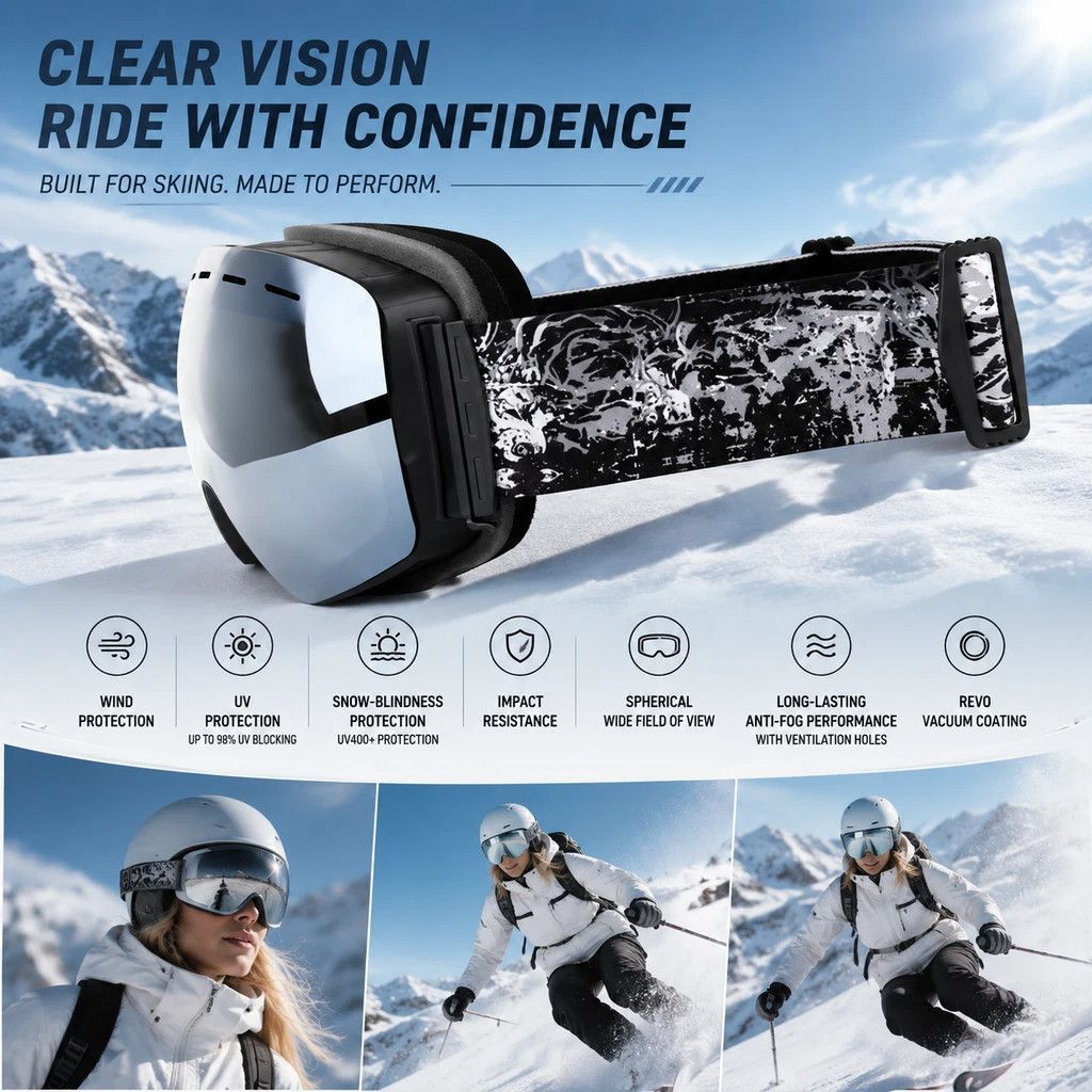 Practical Mountaineering Ski Goggles, Black Frame, Mercury Lens + Striped Black White Strap - Image 1