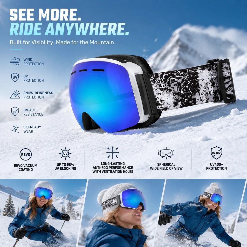 Sentimental Spherical Ski Goggles UV400, White Frame, Blue Lens + Striped Black White Strap - Image 1