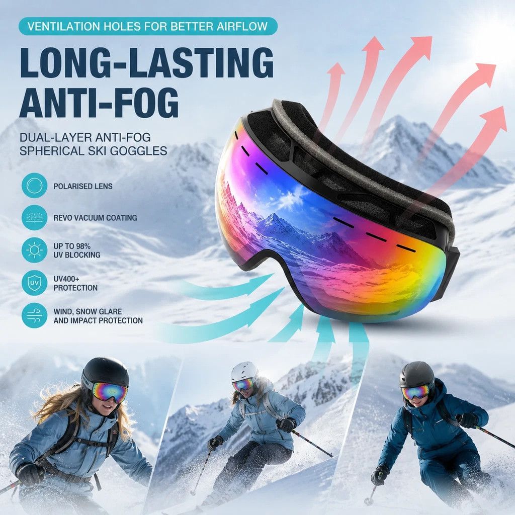 Sentimental Spherical Ski Goggles UV400, White Frame, Blue Lens + Striped Black White Strap - Image 3