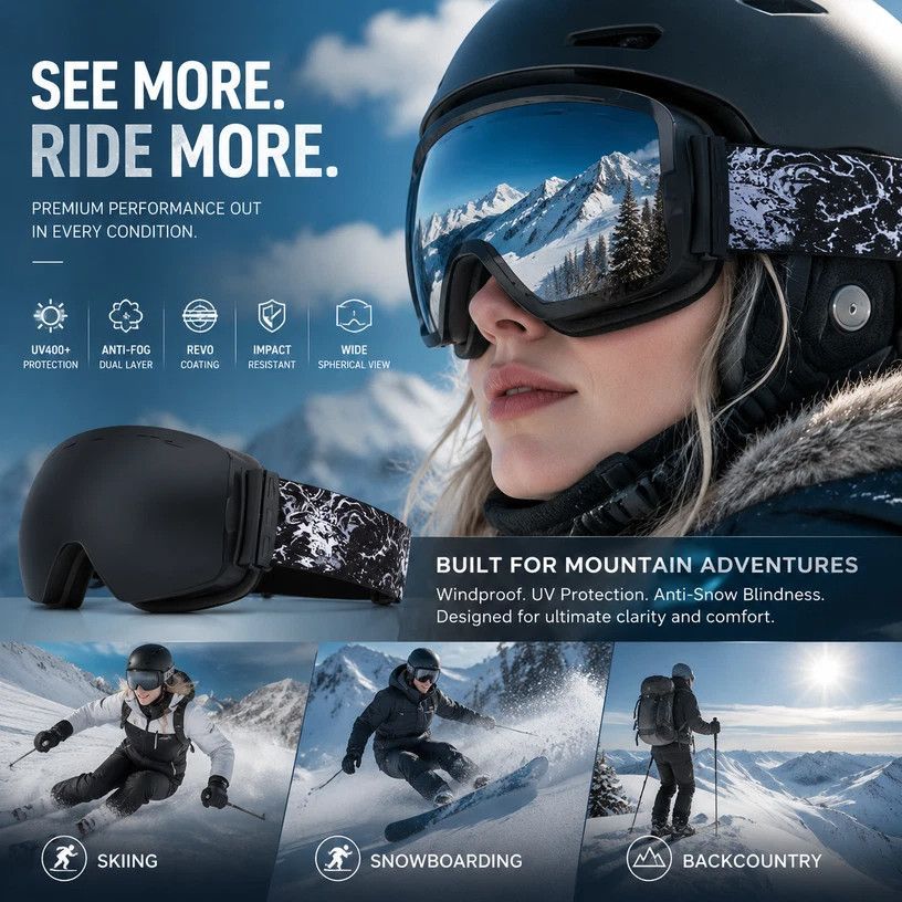 Premium Anti-Fog Ski Eyewear UV400, Black Frame, Black Coating Lens + Striped Black White Strap - Image 1