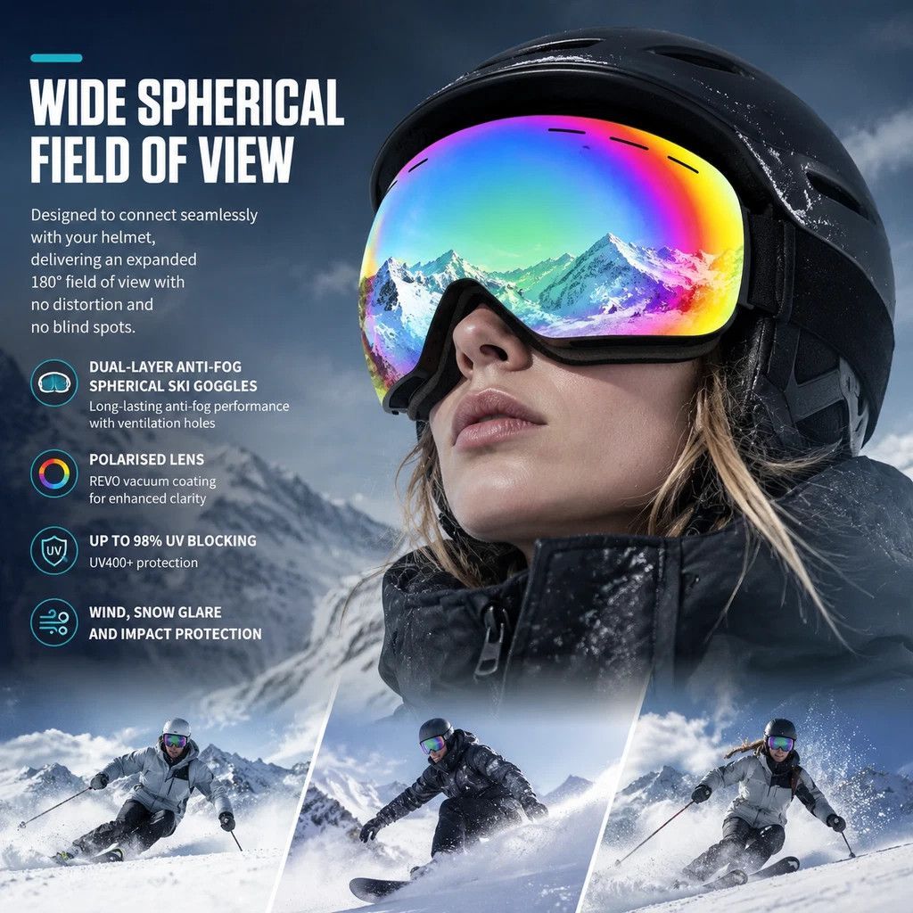 Premium Anti-Fog Ski Eyewear UV400, Black Frame, Black Coating Lens + Striped Black White Strap - Image 5