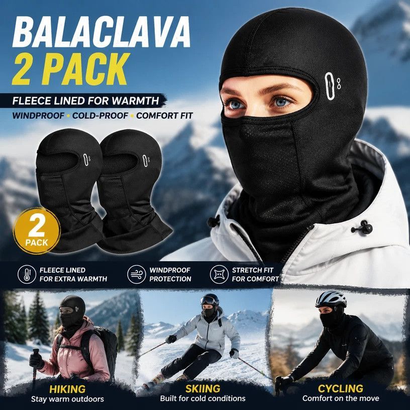 Warm Windproof Ski Neck Mask, Black Long Style With Glasses Holes, One Size, 2 Pcs - Image 1