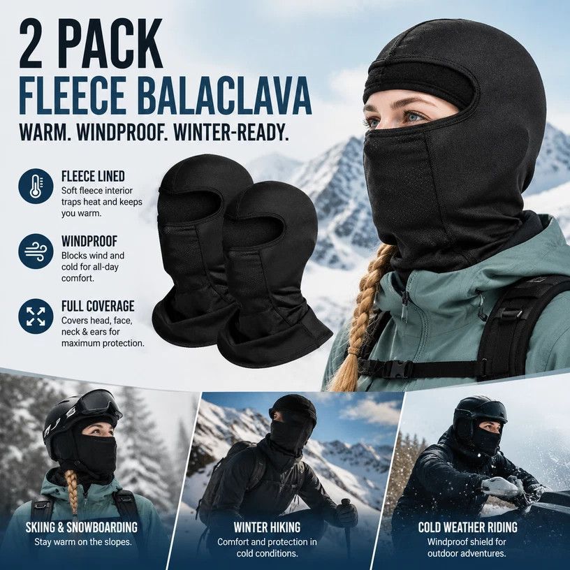 Wind Block Warm Face Mask, Black Long Design, One Size, 2 Pcs - Image 1