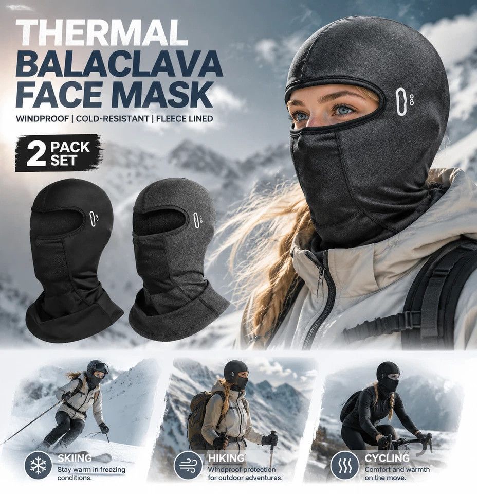 Thermal Ski Balaclava With Glass Holes, Black & Grey Long, One Size, 2 Pcs - Image 1
