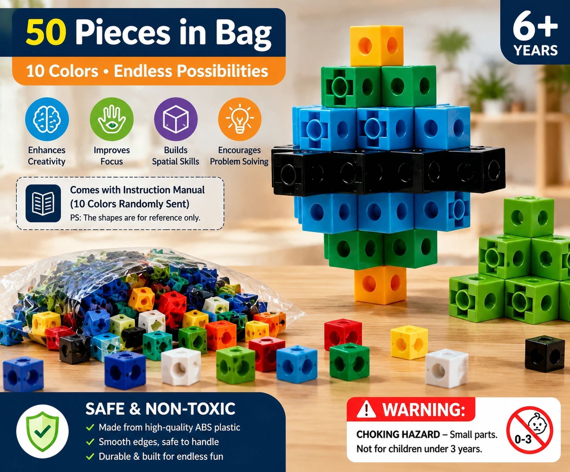 50pcs 10 Colors Mixed PP Square Building Blocks - Image 1
