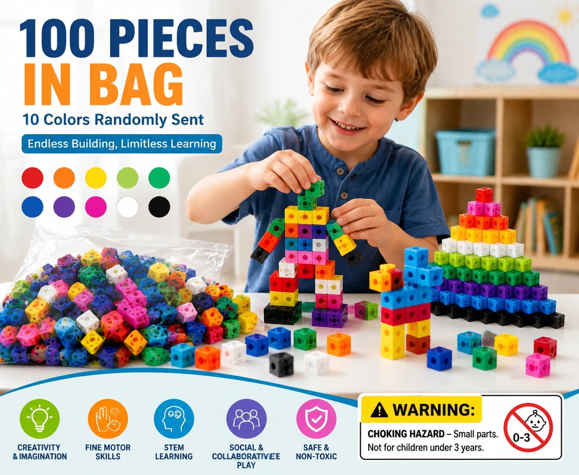 100pcs 10 Colors Mixed PP Square Building Blocks - Image 1