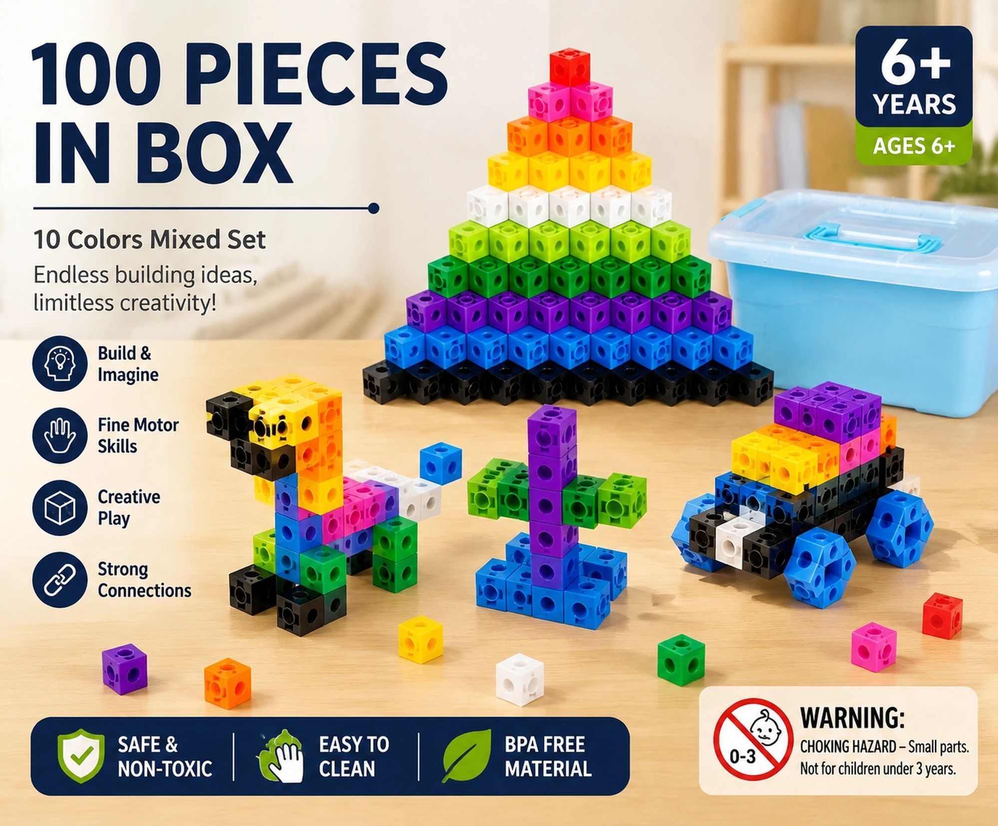 100pcs With Storage Box 10 Colors Mixed PP Square Blocks - Image 1