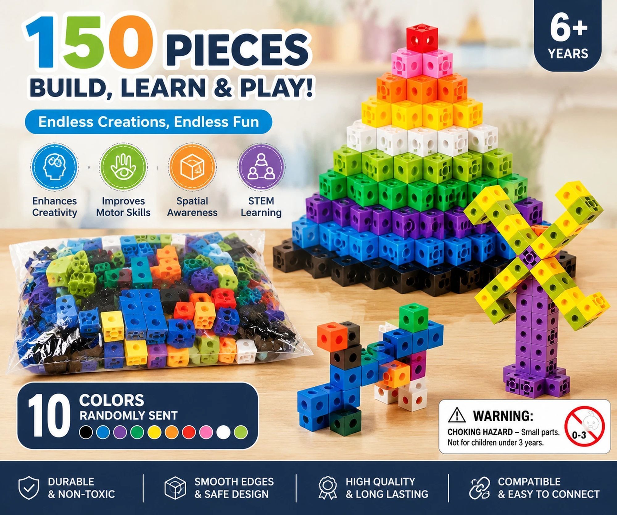 150pcs 10 Colors Mixed PP Square Building Blocks - Image 1