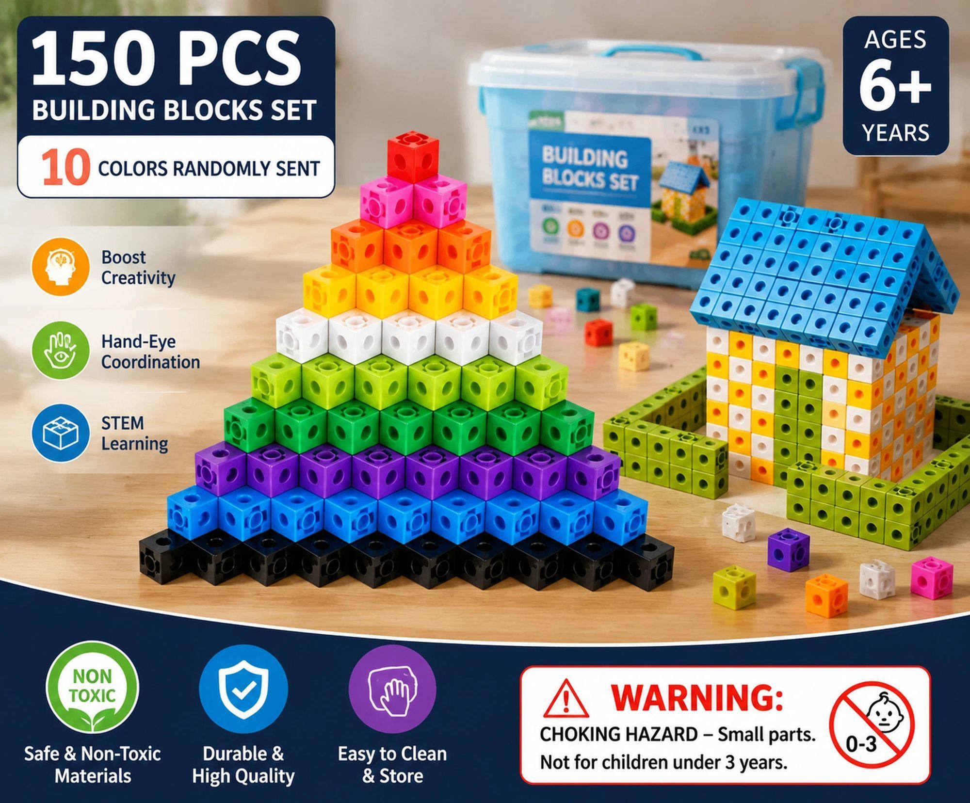 150pcs With Storage Box 10 Colors Mixed PP Square Blocks - Image 1