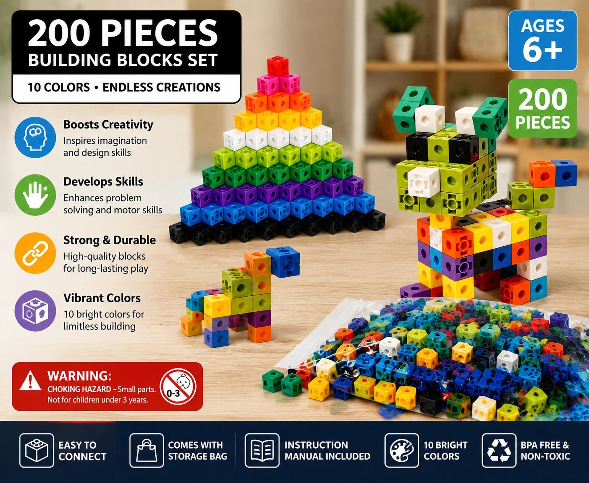 200pcs 10 Colors Mixed PP Square Building Blocks - Image 1