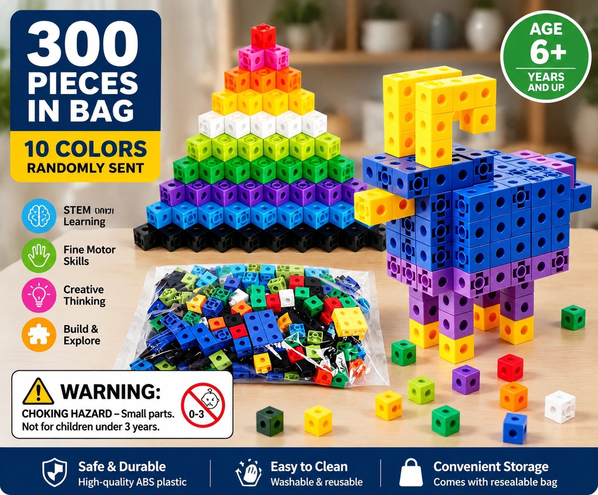 300pcs 10 Colors Mixed PP Square Building Blocks - Image 1