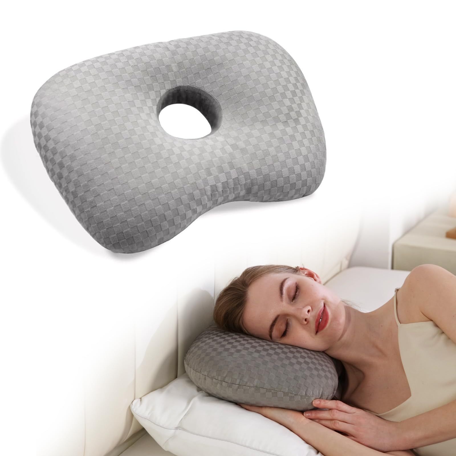 Grey Checker Ear Pillow, Hollow Cutout Ease Piercing Ear Soreness - Image 1