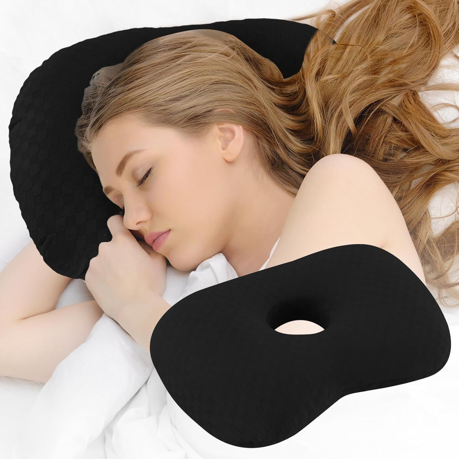 Black Checker Ear Protection Pillow, Comfort Sleep With Pierced Ears - Image 1
