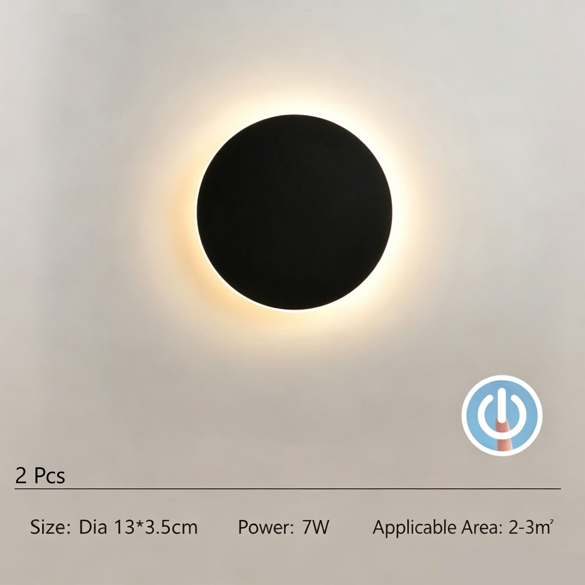 13CM Black Touch Eclipse Wall Light 2Pcs Stepless Dimming - Image 1