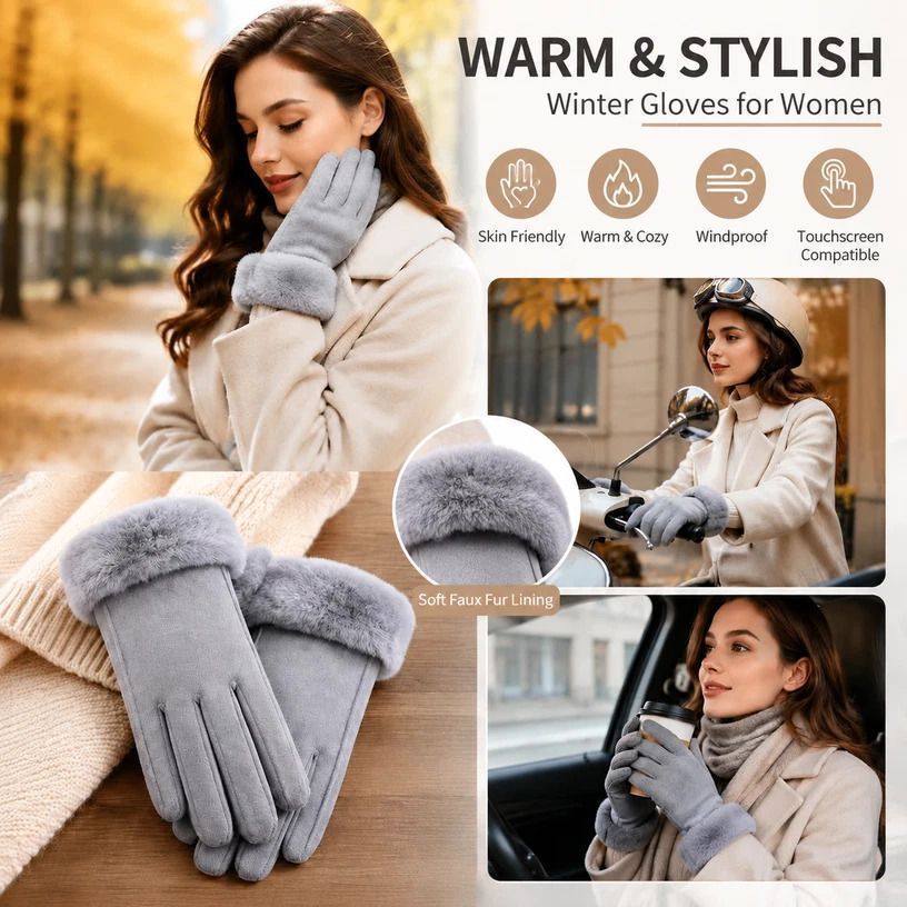 Grey Fur Cuff Women's Thermal Touch Screen Cycling Gloves - Image 1