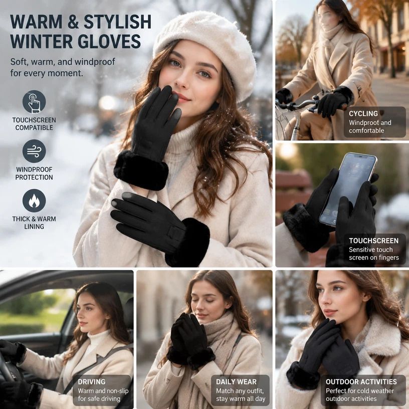 Black Fur Cuff Women's Windproof Fleece Touch Screen Bike Gloves - Image 1