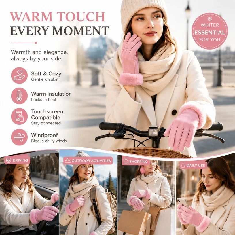 Light Pink Fur Cuff Women's Thermal Touch Screen Cycling Gloves - Image 1