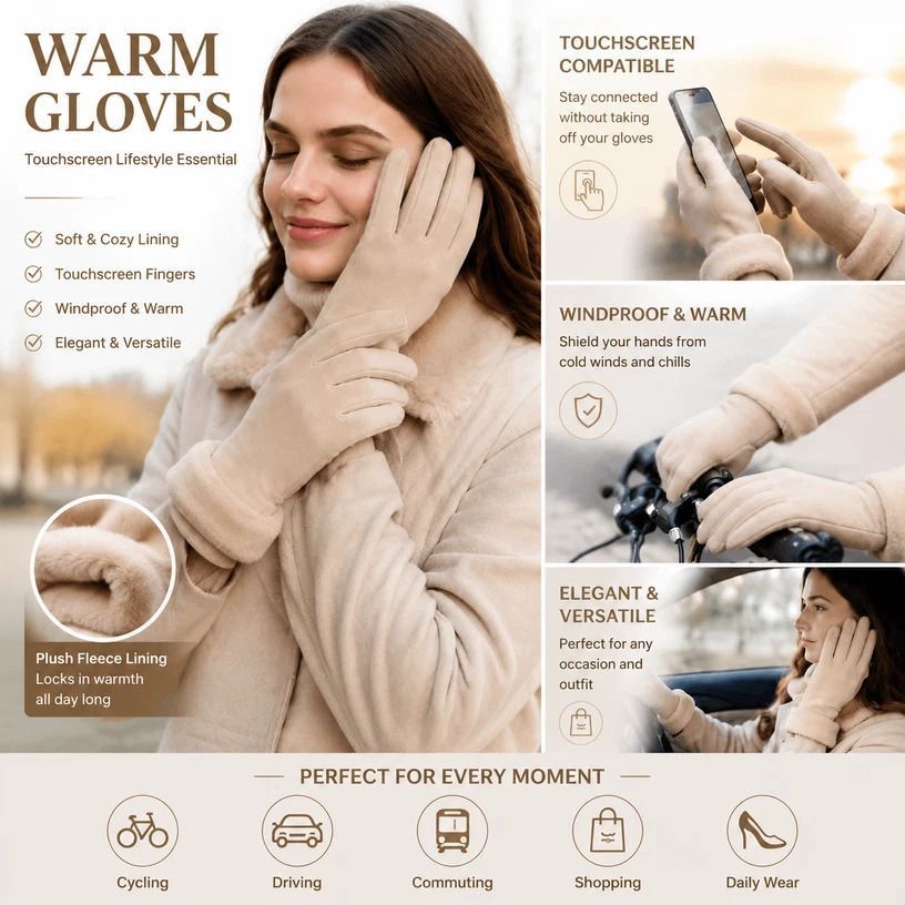 Khaki Fur Cuff Women's Fleece Windproof Bike Gloves - Image 1