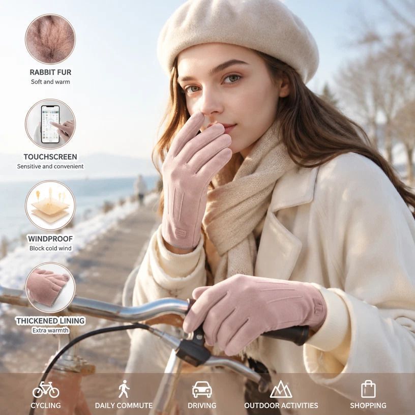 Light Pink 3 Stripes Women's Fleece Touch Screen Bike Gloves - Image 1