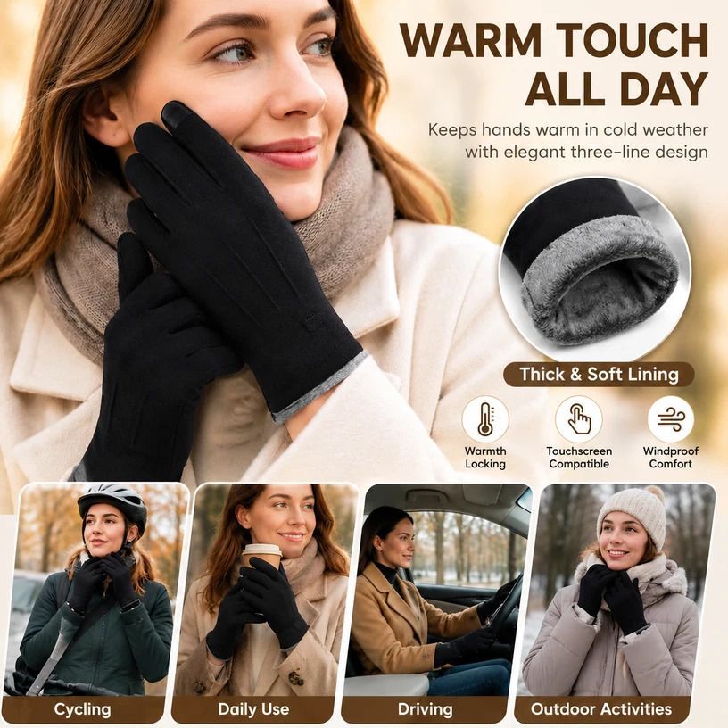 Black 3 Stripes Women's Windproof Thermal Cycling Gloves - Image 1