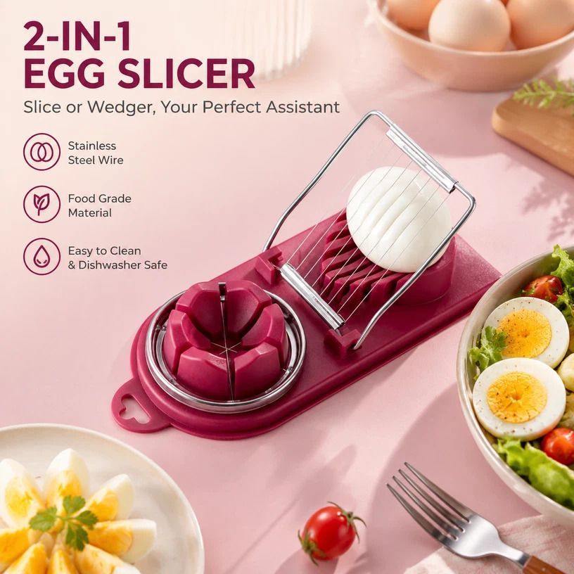 Red 2-in-1 Stainless Steel Egg Slicer Effortless Slicing Perfect for Brunch - Image 1