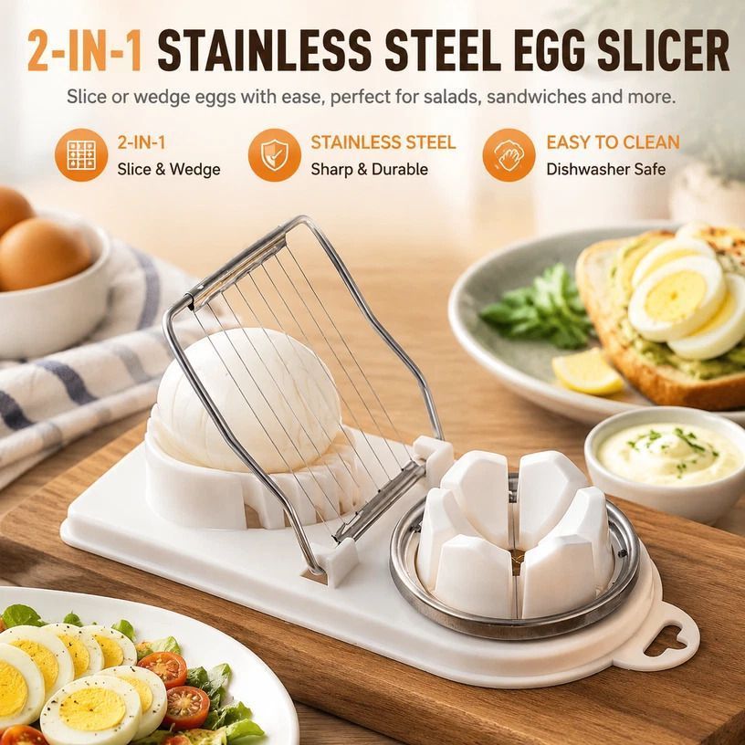 White 2-in-1 Stainless Steel Egg Slicer Clean Even Cuts Ideal for Salads - Image 1