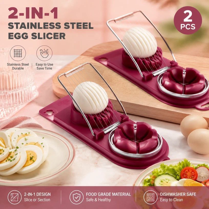 Red 2-in-1 Stainless Steel Egg Slicer 2Pcs Time Saving Kitchen Prep Tool - Image 1
