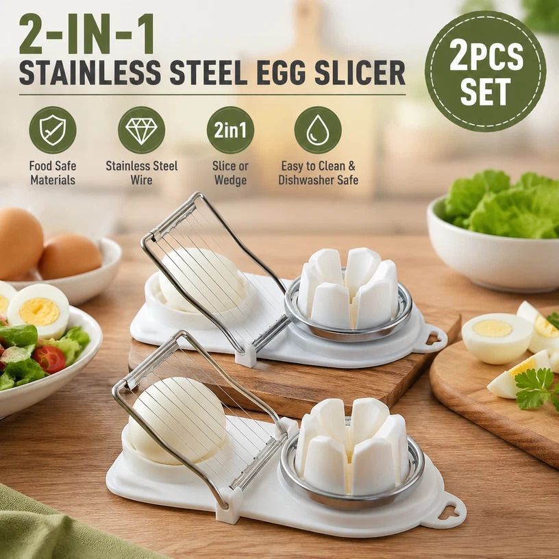 White 2-in-1 Stainless Steel Egg Slicer 2Pcs Mess Free Easy Egg Cutting - Image 1