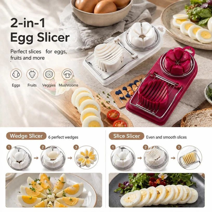 Red & White 2-in-1 Egg Slicer 2Pcs Practical Home Kitchen Gadget Set - Image 1