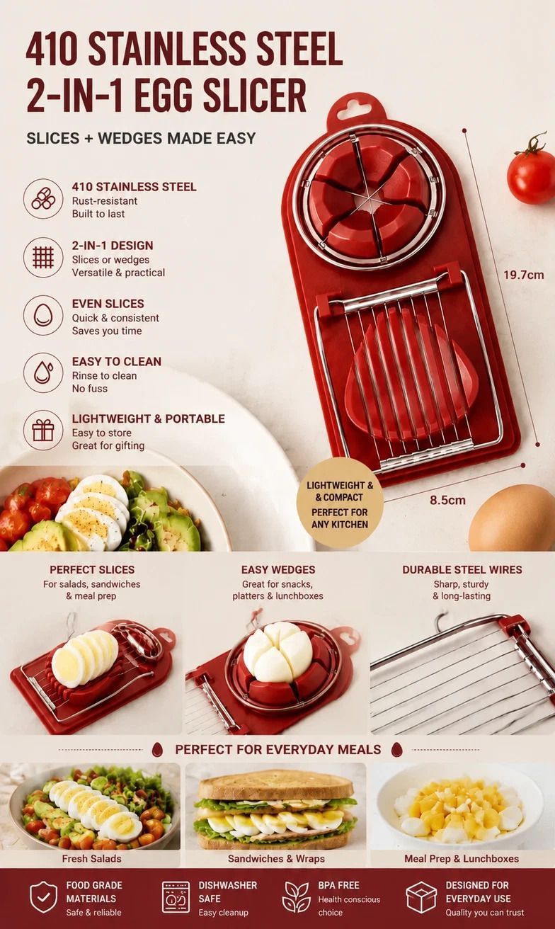 Red & White 2-in-1 Egg Slicer 2Pcs Practical Home Kitchen Gadget Set - Image 2