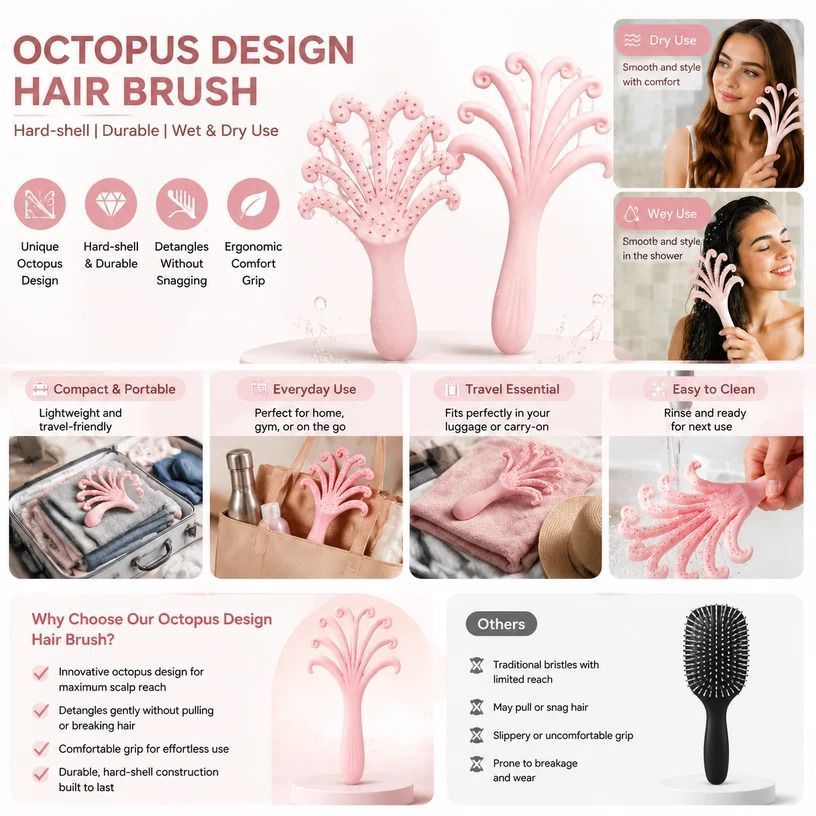 Light Pink Octopus Scalp Massage Brush Gentle Volumising Wet & Dry 1Pcs - Image 1