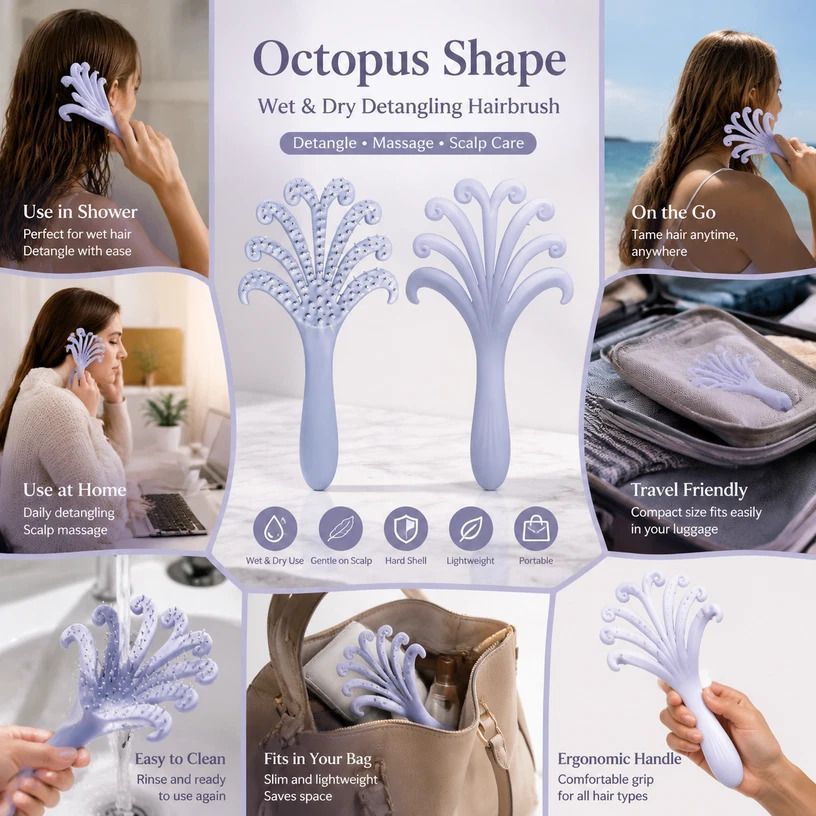 Light Purple Octopus Scalp Massage Brush Gentle Volumising Wet & Dry 1Pcs - Image 1
