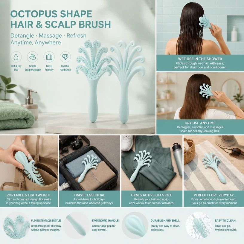 Light Blue Octopus Scalp Massage Brush Gentle Volumising Wet & Dry 1Pcs - Image 1