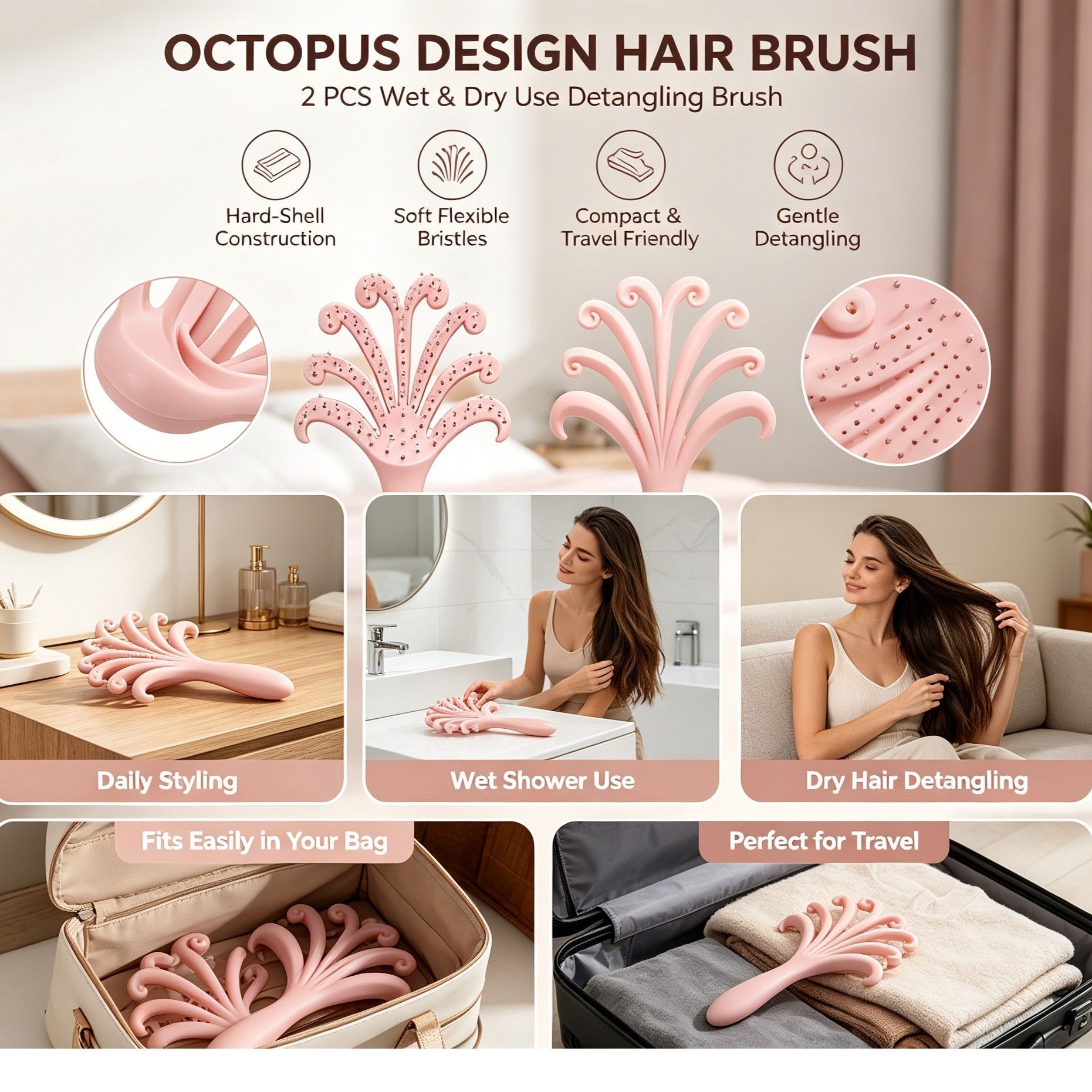 Light Pink Octopus Scalp Massage Brush Gentle Volumising Wet & Dry 2Pcs - Image 1